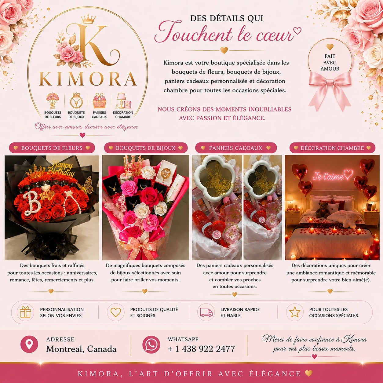 Brochure Kimora — bouquets, bijoux, paniers-cadeaux et décorations à Montréal